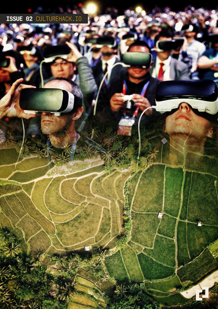 Collage of people wearing VR headsets staring into the sky layered over an aerial shot of cultivated fields and jungle